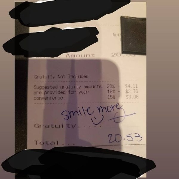 Auto Amount 20. Gratuity Not Included Suggested gratuity amounts 20% are provided for your 18% convenience. 15% $4.11 $3.70 $3.08 smile more e more Gratuity.. 20.53 Total