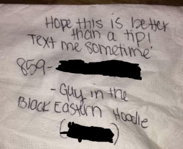 handwriting - Hope this is better than a tip! Text me sometime 859 Guy in the Block Eastern Hoodie