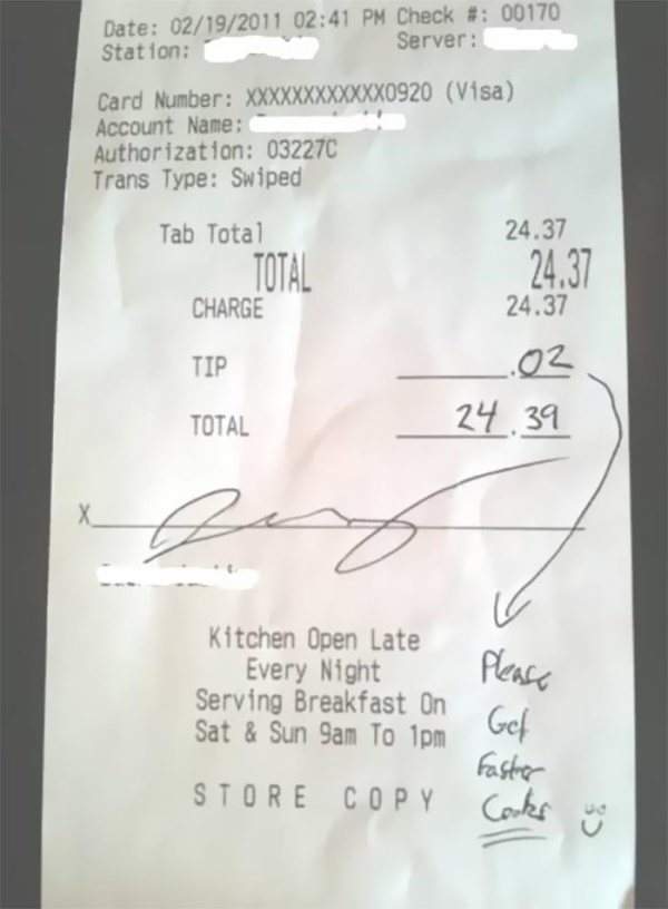 rude receipts - Date 02192011 Check # 00170 Station Server Card Number XXXXXXXXXXXX0920 Visa Account Name Authorization 03227C Trans Type Swiped 24.37 Tab Total Total Charge 24.37 24.37 Tip ..02 24.9 Total bu Kitchen Open Late Every Night Serving Breakfas