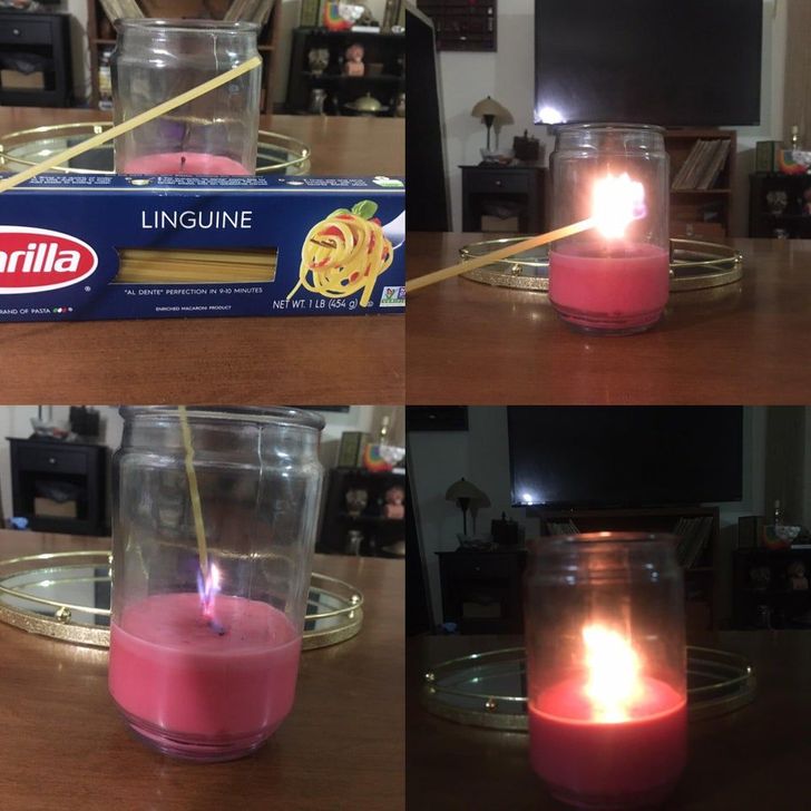 “Light a candle that’s too hard to reach with dry pasta and a normal lighter.”