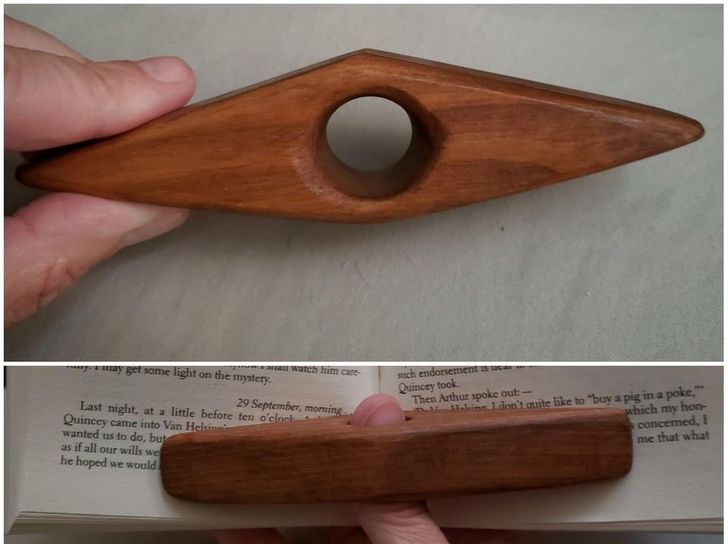 “My husband made this book-holder-opener for me to ease hand cramping.”