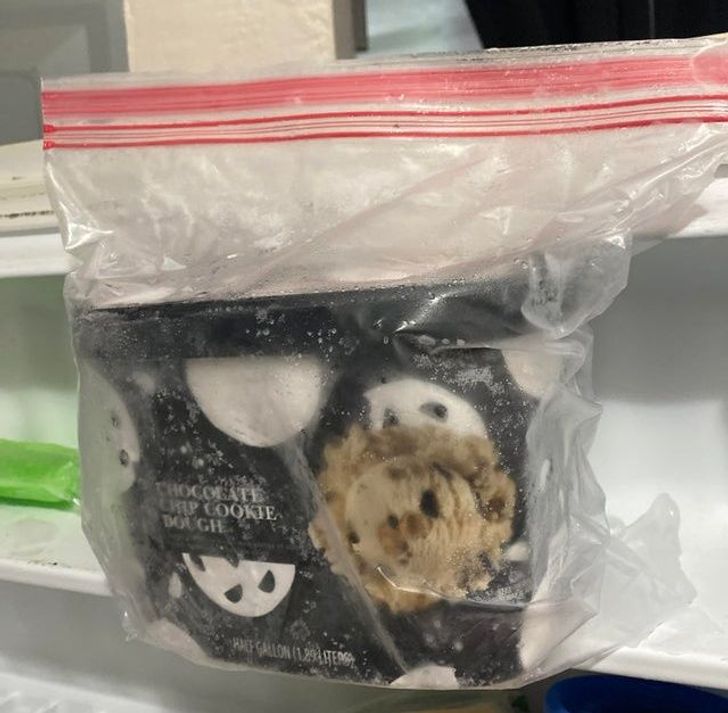 “Put the ice cream in a Ziploc bag or grocery bag to avoid freezer burn. It also makes the ice cream easier to scoop. (My pastry chef told me this.)”