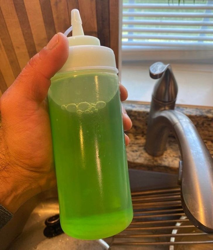 “Use a cheap $1 squirt bottle to cleanly and easily dispense soap when washing dishes. Saves soap and you don’t have to fumble around with big bottles of dish soap.”