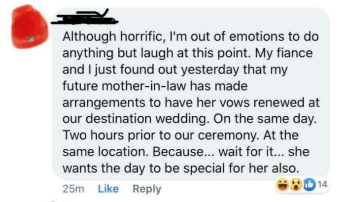 paper - Although horrific, I'm out of emotions to do anything but laugh at this point. My fiance and I just found out yesterday that my future motherinlaw has made arrangements to have her vows renewed at our destination wedding. On the same day. Two hour