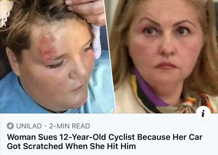 woman sues 12 year old cyclist - i N. UNILAD2Min Read Woman Sues 12YearOld Cyclist Because Her Car Got Scratched When She Hit Him