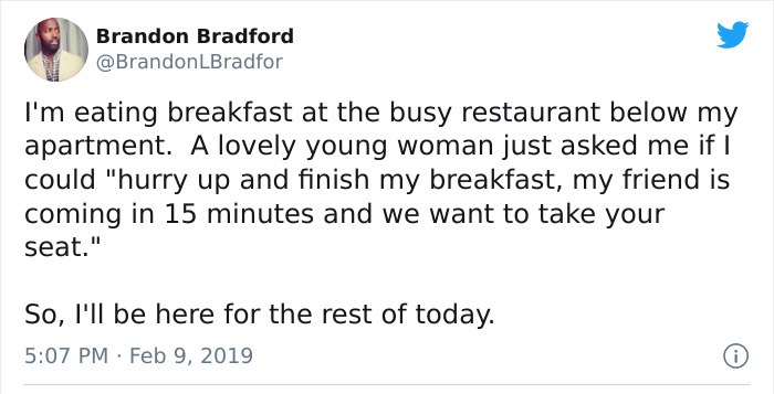 donald trump 5g - Brandon Bradford I'm eating breakfast at the busy restaurant below my apartment. A lovely young woman just asked me if I could "hurry up and finish my breakfast, my friend is coming in 15 minutes and we want to take your seat." So, I'll 