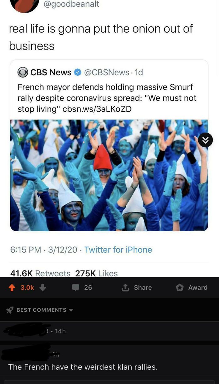 funny comments - real life is gonna put the onion out of business - French mayor defends holding massive Smurf rally despite coronavirus spread