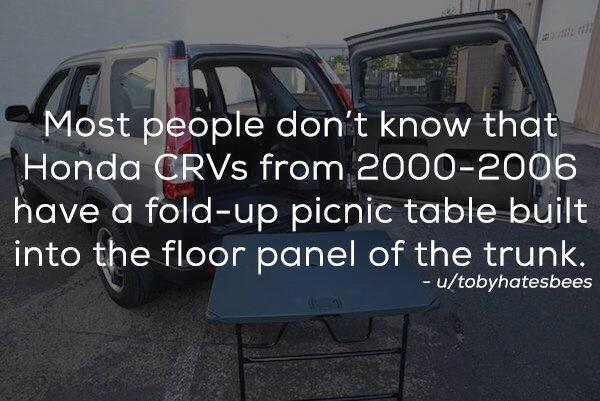 secrets people don t know - Most people don't know that Honda CRVs from 20002006 have a foldup picnic table built into the floor panel of the trunk. utobyhatesbees