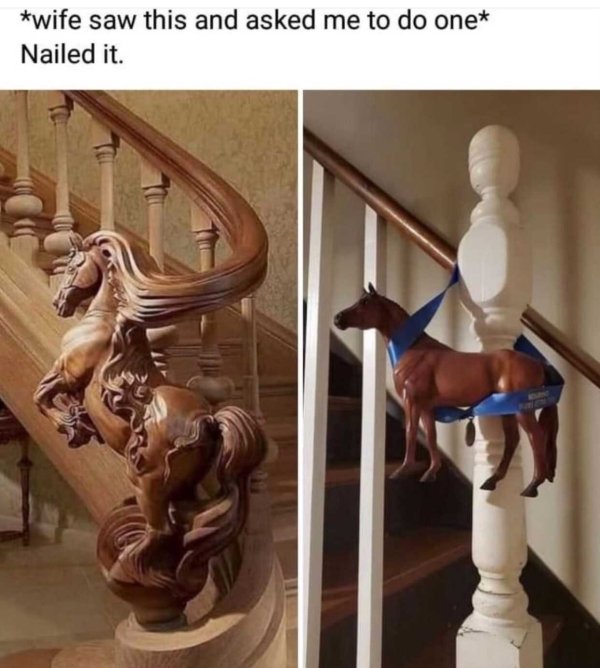 funny marriage memes - done cheaper memes horse banister - wife saw this and asked me to do one Nailed it.