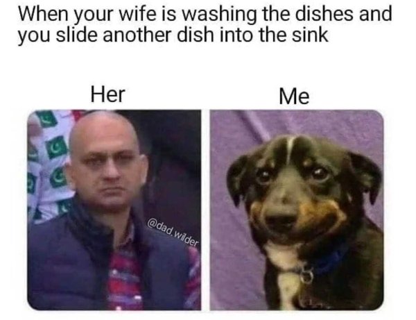 funny marriage memes - When your wife is washing the dishes and you slide another dish into the sink Her Me