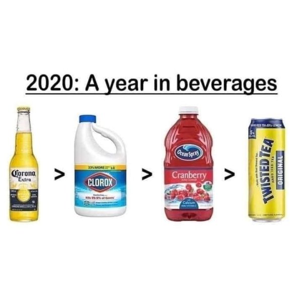 funny pics and memes - 2020 A year in beverages Corona clorox bleach ocean spray cranberry juice twisted tea