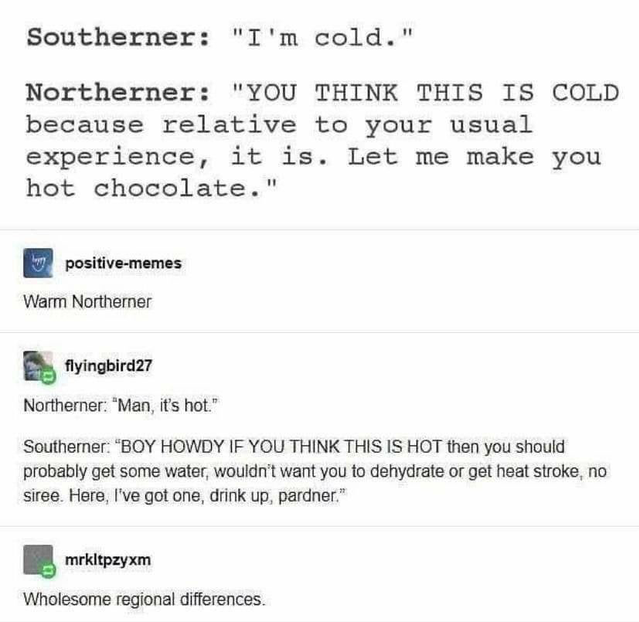 you absolute fool meme - Southerner "I'm cold." Northerner "You Think This Is Cold because relative to your usual experience, it is. Let me make you hot chocolate." positivememes Warm Northerner flyingbird27 Northerner "Man, it's hot." Southerner "Boy How