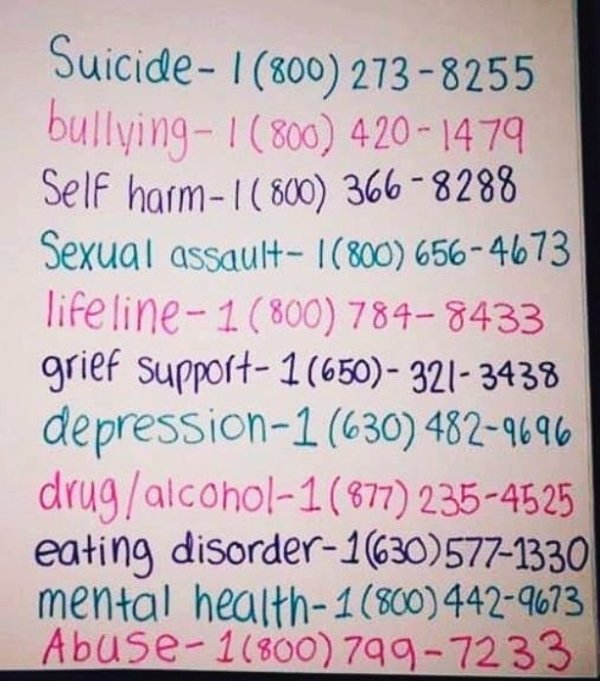 Suicide - Suicide |800 2738255 bullying1800 4201479 Self harm|800 3668288 Sexual assault|800 6564673 lifeline1800 7848433 grief Support 10650 3213438 depression1 630 4829696 drugalcohol1877 2354525 eating disorder16305771330 mental health1800 4429673 Abus