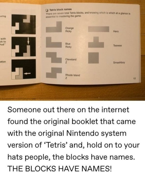 tetris blocks have names - Tetris block names There are seven total Tetris blocks, and knowing which is which at a glance is essential to mastering the game. uring Orange Ricky Hero with ck to hud" Zep Blue Ricky Toewoo Til ation Cleveland Z Smashboy Rhod