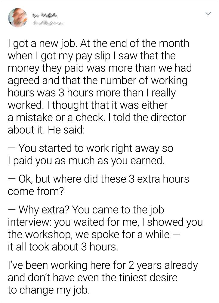 Price - I got a new job. At the end of the month when I got my pay slip I saw that the money they paid was more than we had agreed and that the number of working hours was 3 hours more than I really worked. I thought that it was either a mistake or a chec