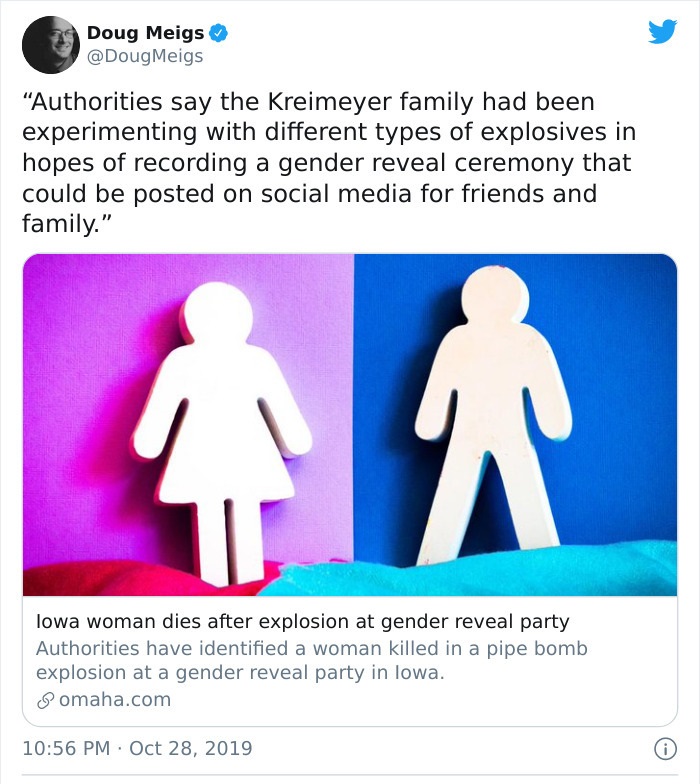 men and women covid - Doug Meigs Meigs "Authorities say the Kreimeyer family had been experimenting with different types of explosives in hopes of recording a gender reveal ceremony that could be posted on social media for friends and family." lowa woman 