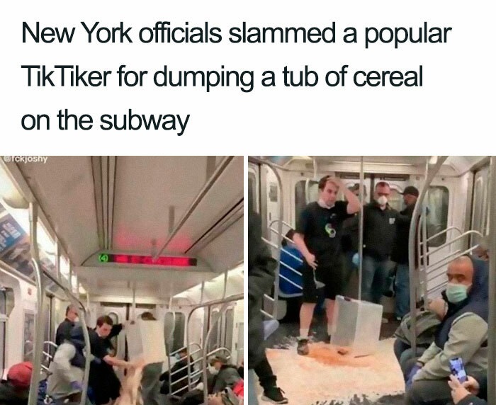 new york officials slammed a popular tiktoker - New York officials slammed a popular Tik Tiker for dumping a tub of cereal on the subway icjoshy
