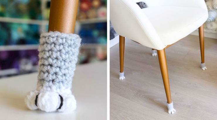 "Tiny chair socks that prevent scratches on the floor and let you move it silently. Watch out if it starts walking!"