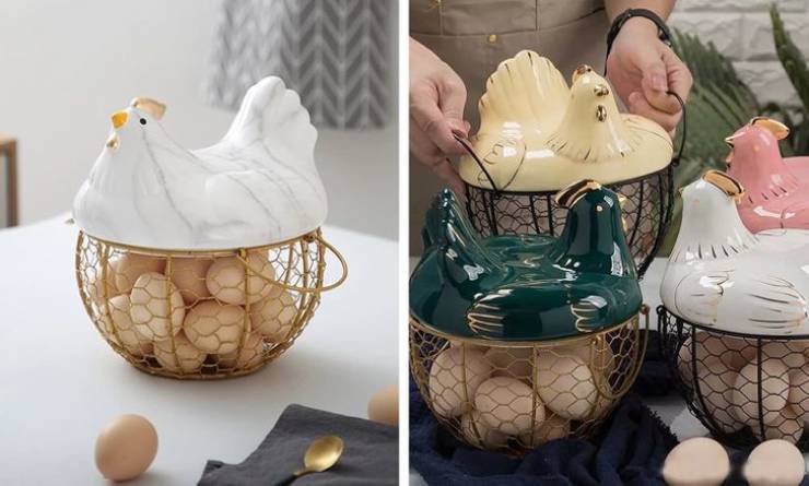 "Egg baskets that come with hens to brood on them"