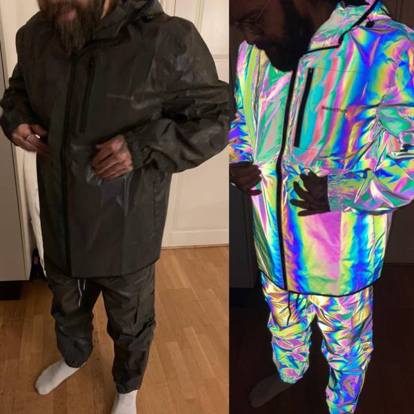 “My husband’s fully reflective iridescent rain set.”