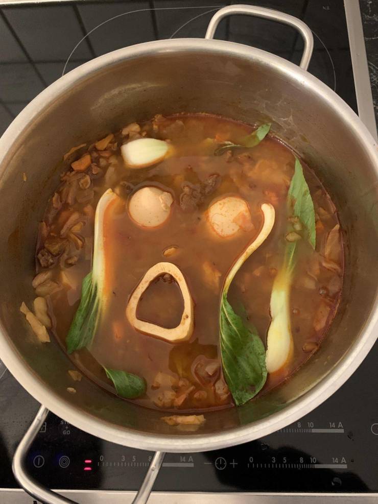 “My painter dad making the soup looking like Edvard Munch's "the scream"”