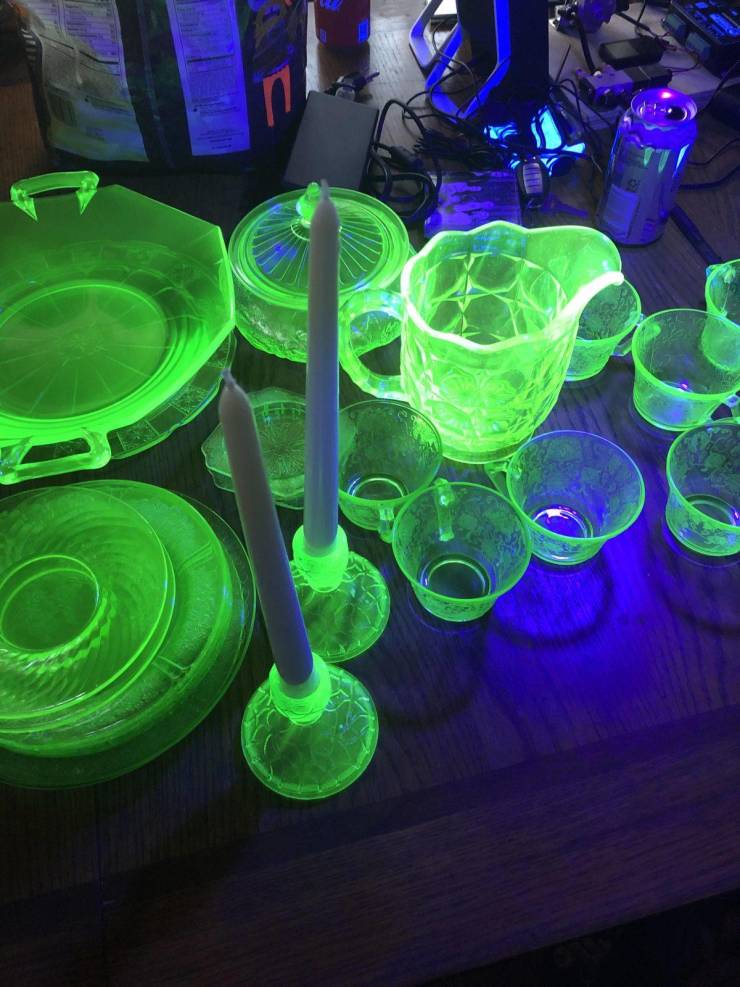 “Old glassware that has uranium mixed in it and glows under a black light.”