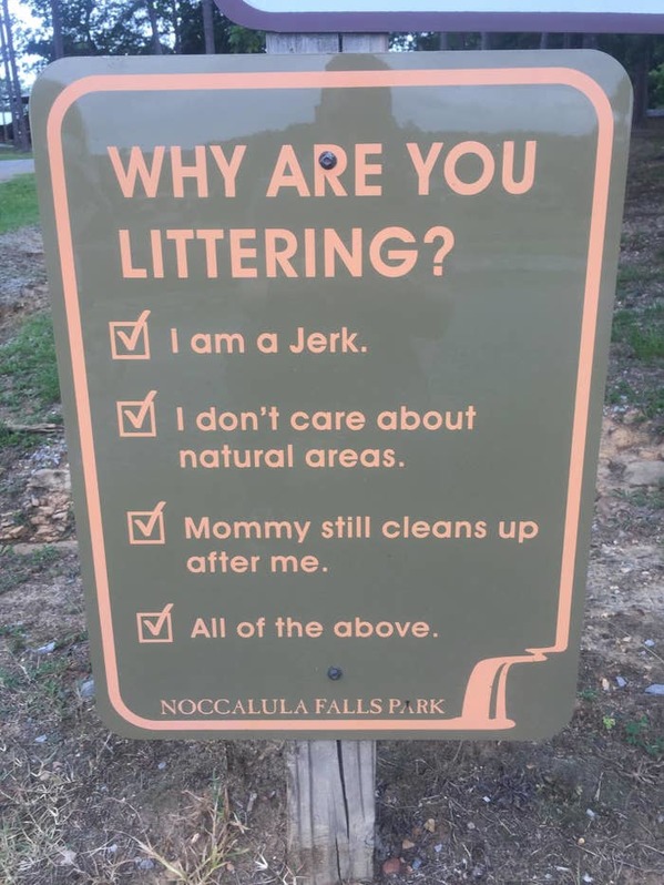 funny public notices - Why Are You Littering? I am a Jerk. I don't care about natural areas. Mommy still cleans up after me. . All of the above. Noccalula Falls Park