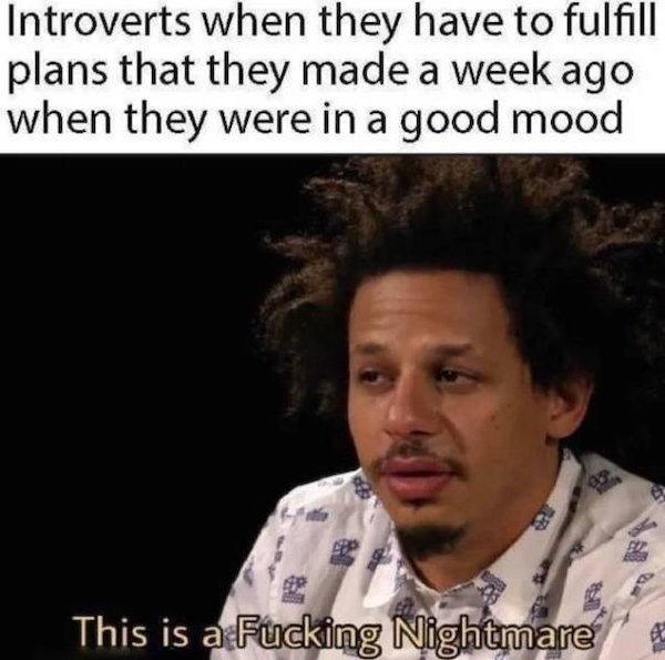 introvert making plans meme - Introverts when they have to fulfill plans that they made a week ago when they were in a good mood This is a Fucking Nightmare
