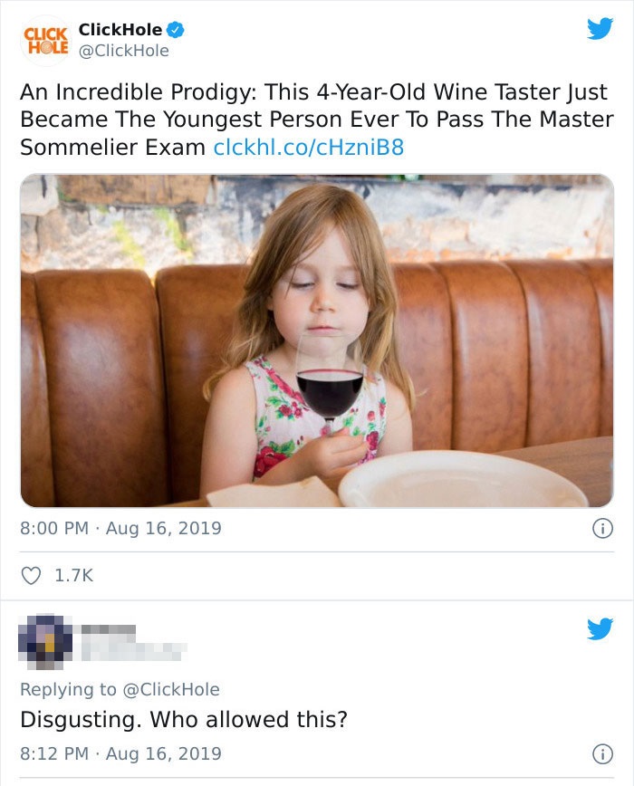 girl - Click ClickHole Hole An Incredible Prodigy This 4YearOld Wine Taster Just Became The Youngest Person Ever To Pass The Master Sommelier Exam clckhl.cocHzniB8 Disgusting. Who allowed this?