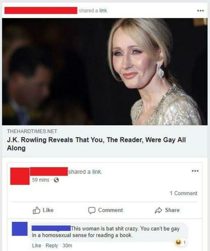 jk rowling memes - d a link Thehardtimes.Net J.K. Rowling Reveals That You, The Reader, Were Gay All Along d a link Os 59 mins 1 Comment Comment This woman is bat shit crazy. You can't be gay in a homosexual sense for reading a book, 30m