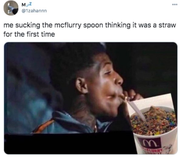 funny tweets -- nba young boy meme - me sucking the mcflurry spoon thinking it was a straw for the first time