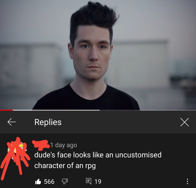 photo caption - Replies X 1 day ago dude's face looks an uncustomised character of an rpg 1 566 7 E 19