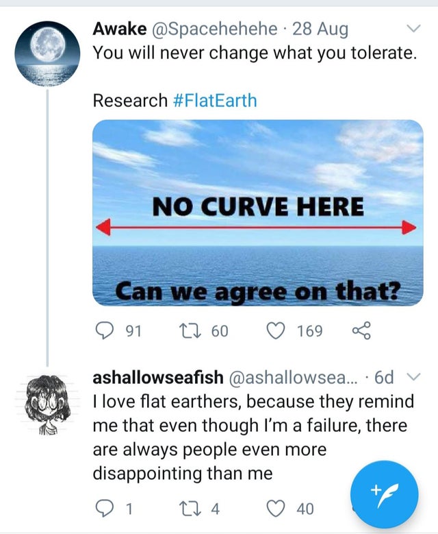 Flat Earth - Awake 28 Aug You will never change what you tolerate. Research No Curve Here Can we agree on that? 91 27 60 169 ashallowseafish ... 6d I love flat earthers, because they remind me that even though I'm a failure, there are always people even m