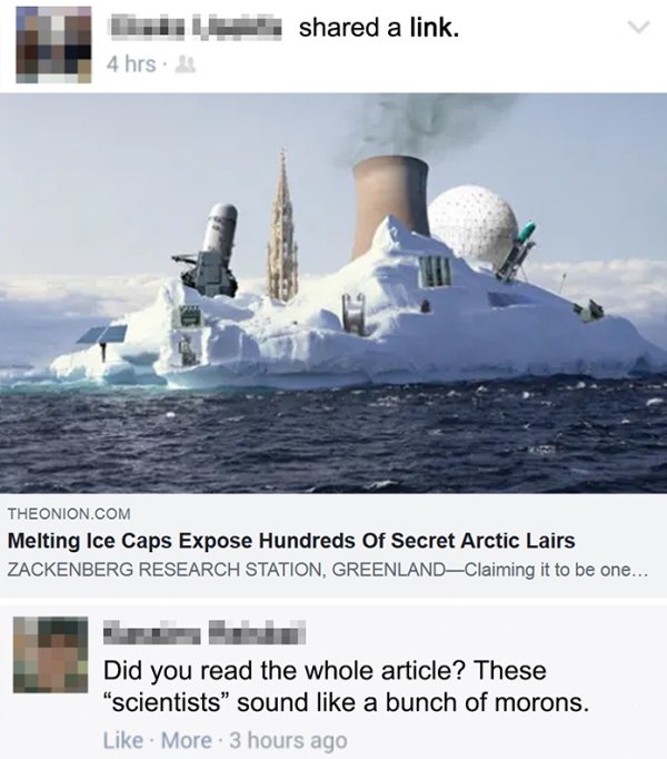 melting ice caps - d a link. 4 hrs. Theonion.Com Melting Ice Caps Expose Hundreds Of Secret Arctic Lairs Zackenberg Research Station, GreenlandClaiming it to be one... Did you read the whole article? These "scientists" sound a bunch of morons. More . 3 ho
