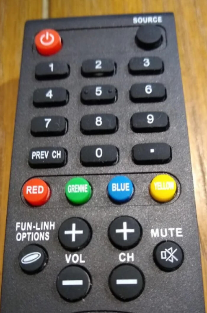 remote control - Source G 5 6 7 8 9 Prev Ch 0 Red Grenne Blue Yello FunLinh Options" Mute Vol Ch ox