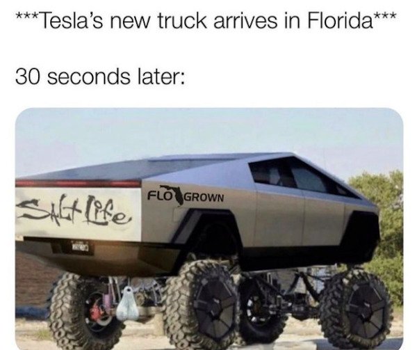 funny florida memes - Tesla's new truck arrives in Florida 30 seconds later