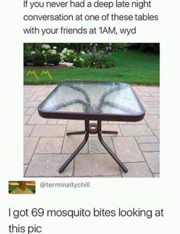 funny florida memes - late night conversation table - If you never had a deep late night conversation at one of these tables with your friends at 1AM, wyd I got 69 mosquito bites looking at this pic