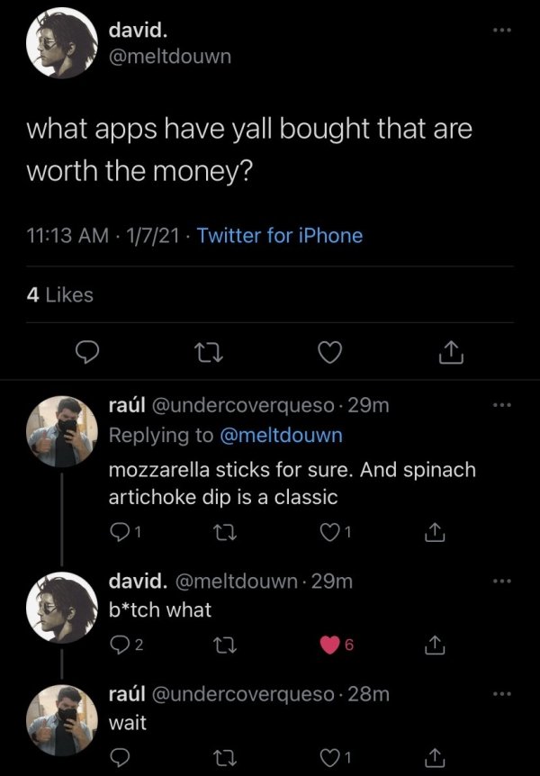 screenshot - david. what apps have yall bought that are worth the money? 1721 Twitter for iPhone 4 ral 29m mozzarella sticks for sure. And spinach artichoke dip is a classic 01 1 david. 29m btch what 2 6 ral 28m wait