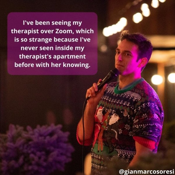 song - I've been seeing my therapist over Zoom, which is so strange because I've never seen inside my therapist's apartment before with her knowing.