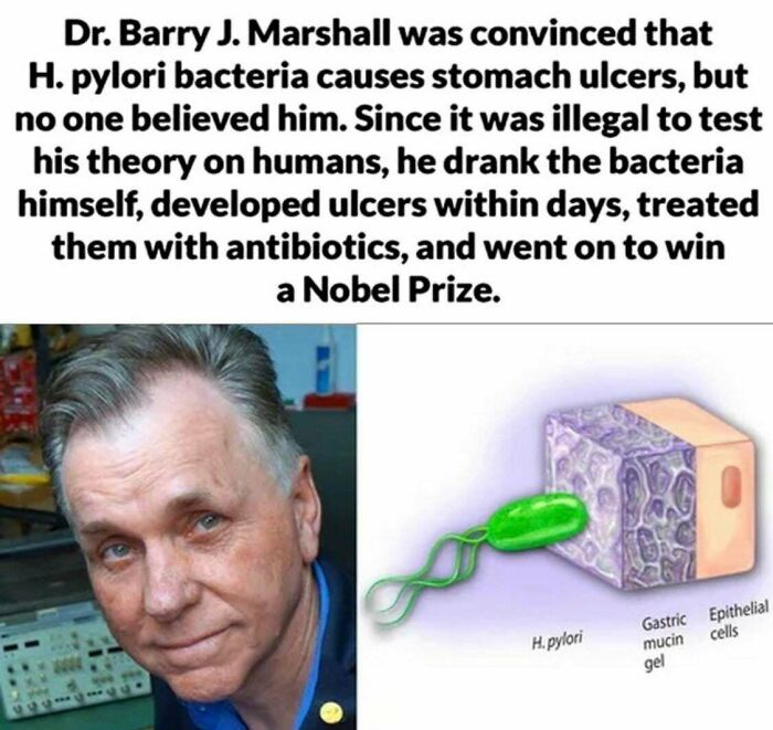 amazing people - barry marshall - Dr. Barry J. Marshall was convinced that H. pylori bacteria causes stomach ulcers, but no one believed him. Since it was illegal to test his theory on humans, he drank the bacteria himself, developed ulcers within days, t