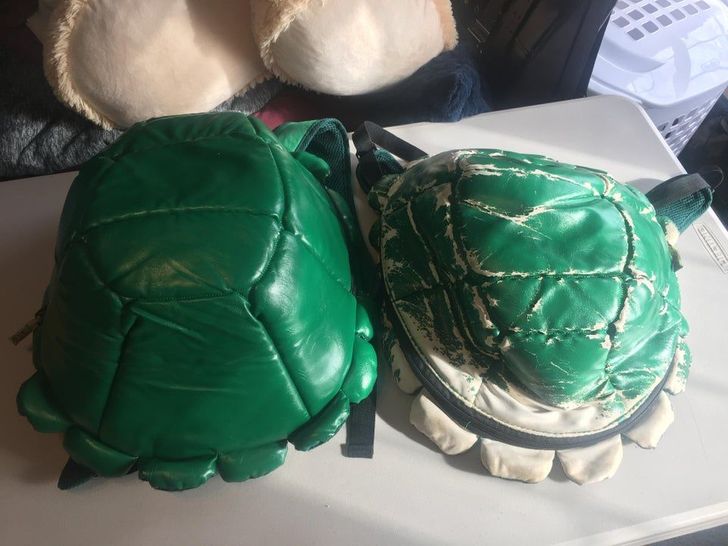 “An almost 10-year-old ninja turtle backpack vs A new one”
