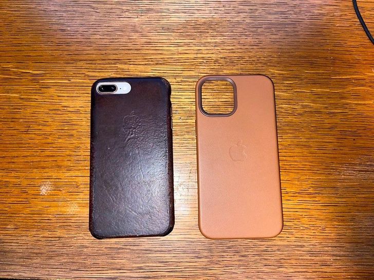 “My 4-year-old leather case and my brand new one. It started out as the same color.”
