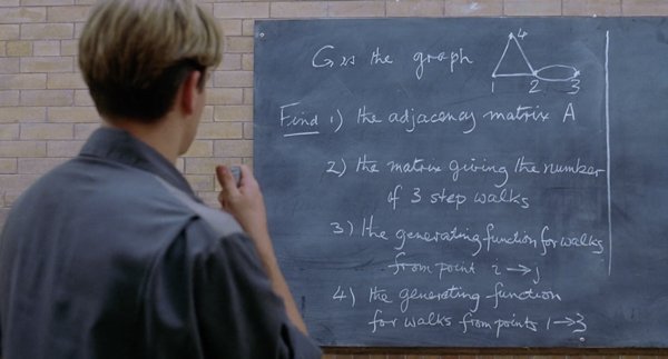 good will hunting chalkboard - graph 2 Gin the graph Find i the adjacency matrix A 2 the matris giving the number of 3 step walks 3 lhe egenerating function for walks from point a 4 the generating function for walks from prnts 1