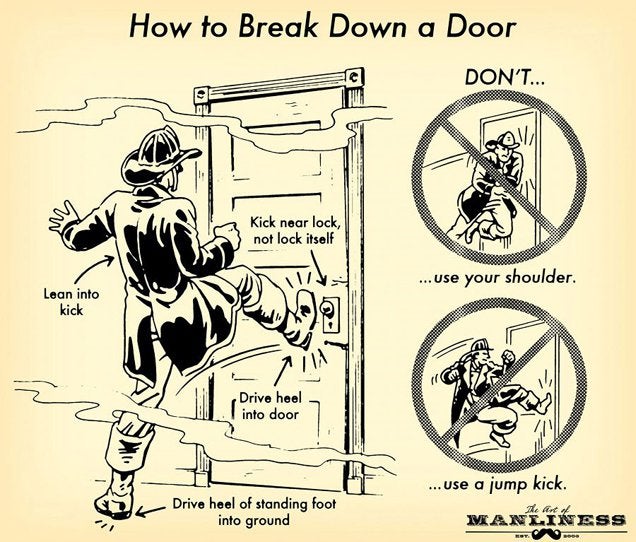 helpful infographics - How to Break Down a Door Don'T... My Kick near lock, not lock itself ... Use your shoulder Lean into kick Drive heel into door Drive heel of standing foot into ground ...Use a jump kick.