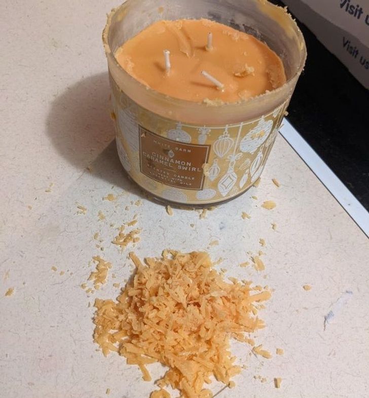 funny food pics - orange candle scrapings that look like shredded cheese
