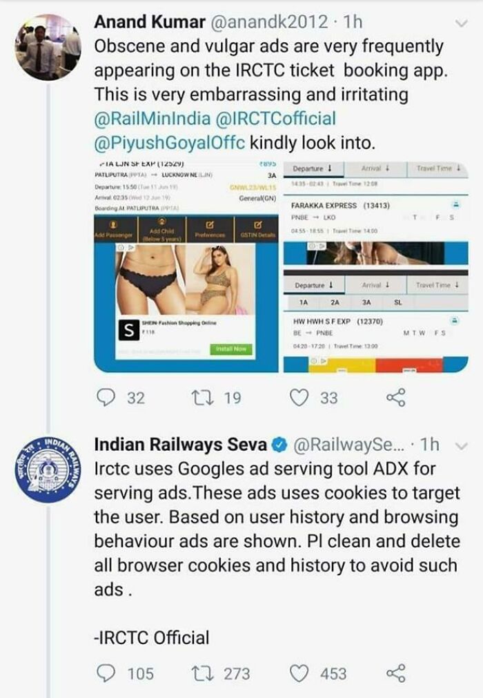 indian railways - Anand Kumar 1h Obscene and vulgar ads are very frequently appearing on the Irctc ticket booking app. This is very embarrassing and irritating MinIndia GoyalOffc kindly look into. Us Departure ! Amal Travel Time 3A Ia Ljn Sf Exp 12529 Pat