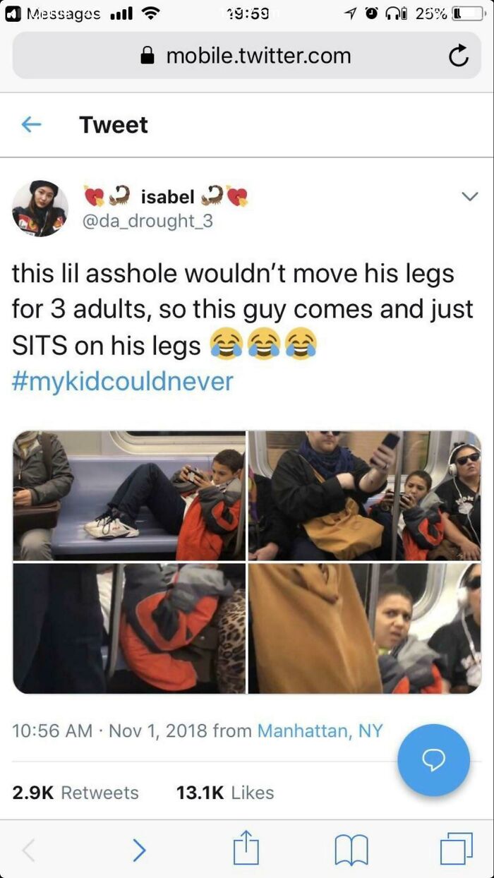 media - Messages ull ? 1 ni 25% mobile.twitter.com C Tweet isabel this lil asshole wouldn't move his legs for 3 adults, so this guy comes and just Sits on his legs from Manhattan, Ny >