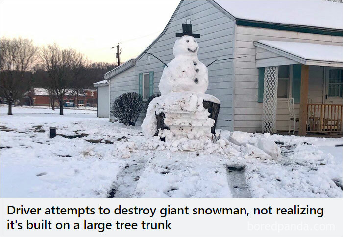 tree trunk snowman - Driver attempts to destroy giant snowman, not realizing it's built on a large tree trunk Dorepancia com
