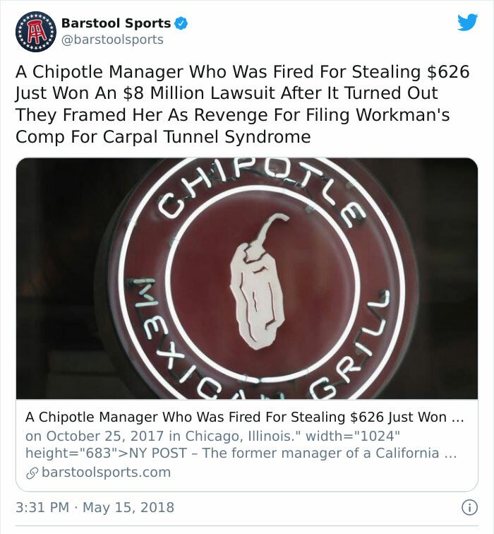 wheel - Barstool Sports A Chipotle Manager Who Was Fired For Stealing $626 Just Won An $8 Million Lawsuit After It Turned Out They Framed Her As Revenge For Filing Workman's Comp For Carpal Tunnel Syndrome Utle Ch Mexig Gri A Chipotle Manager Who Was Fire