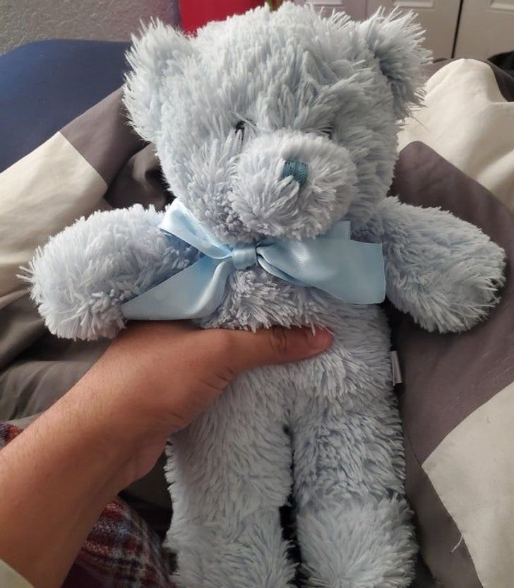 “In childhood, my mom purposely burnt my teddy bear. It has haunted me ever since. My girlfriend surprised me with this today.”